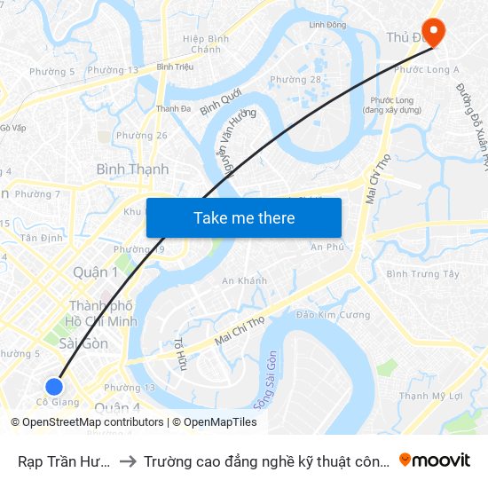 Rạp Trần Hưng Đạo to Trường cao đẳng nghề kỹ thuật công nghệ TP HCM map