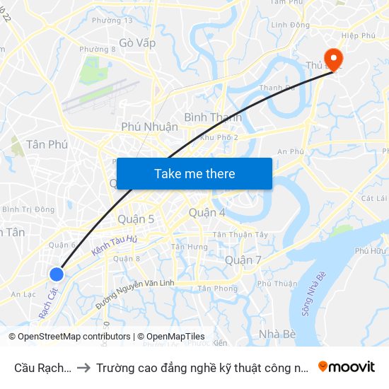 Cầu Rạch Cây to Trường cao đẳng nghề kỹ thuật công nghệ TP HCM map