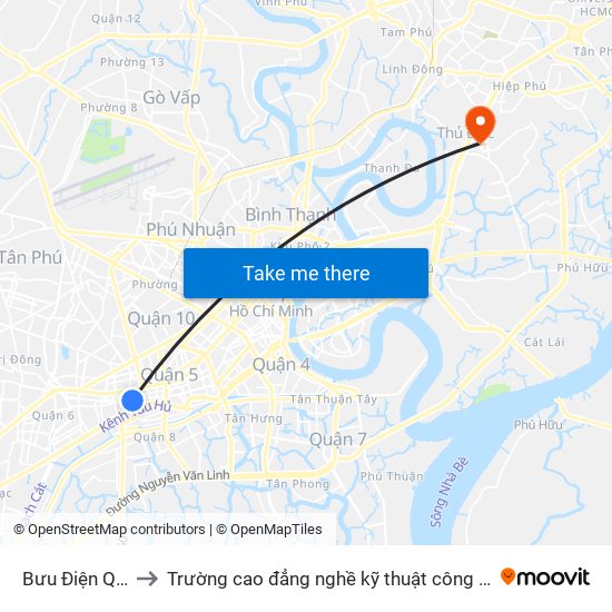 Bưu Điện Quận 5 to Trường cao đẳng nghề kỹ thuật công nghệ TP HCM map