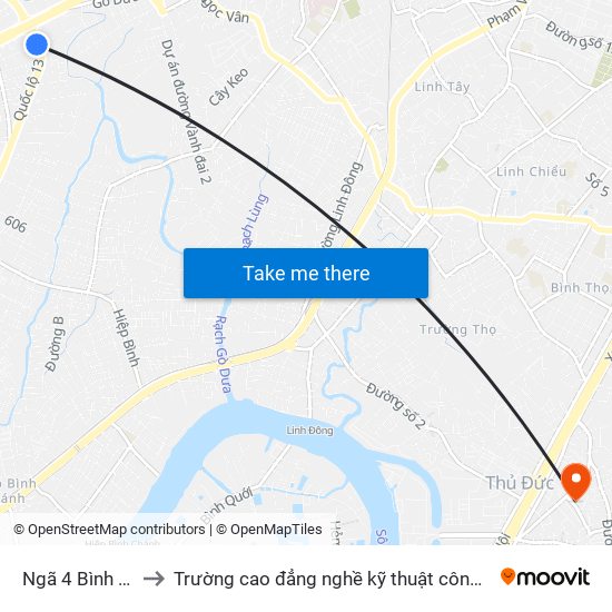 Ngã 4 Bình Phước to Trường cao đẳng nghề kỹ thuật công nghệ TP HCM map