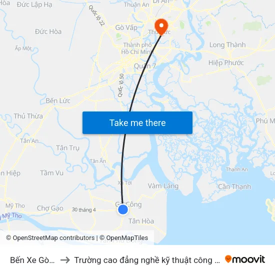 Bến Xe Gò Công to Trường cao đẳng nghề kỹ thuật công nghệ TP HCM map
