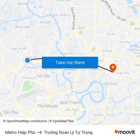 Metro Hiệp Phú to Trường Đoàn Lý Tự Trọng map