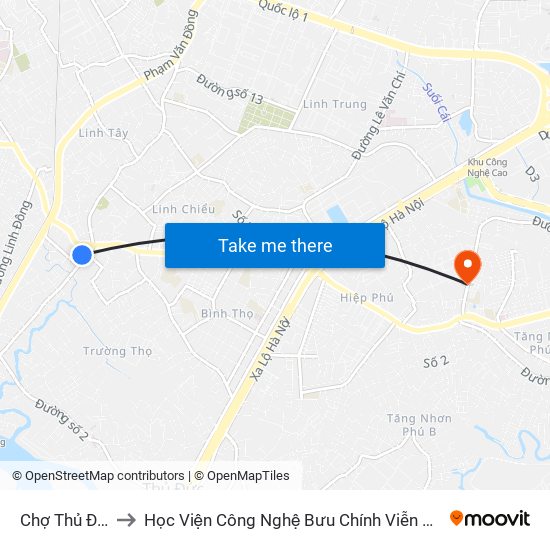 Chợ Thủ Đức to Học Viện Công Nghệ Bưu Chính Viễn Thông map