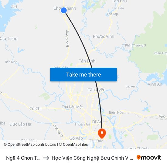 Ngã 4 Chơn Thành to Học Viện Công Nghệ Bưu Chính Viễn Thông map