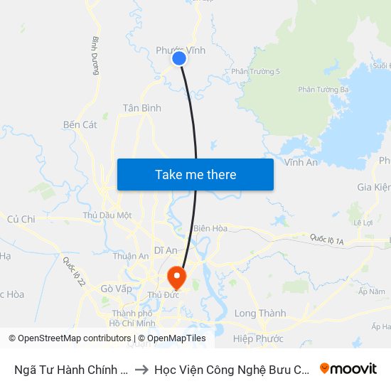 Ngã Tư Hành Chính Phước Vĩnh to Học Viện Công Nghệ Bưu Chính Viễn Thông map