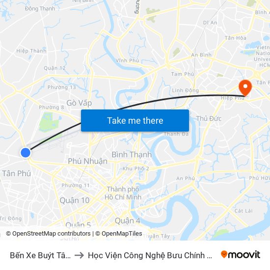 Bến Xe Buýt Tân Phú to Học Viện Công Nghệ Bưu Chính Viễn Thông map