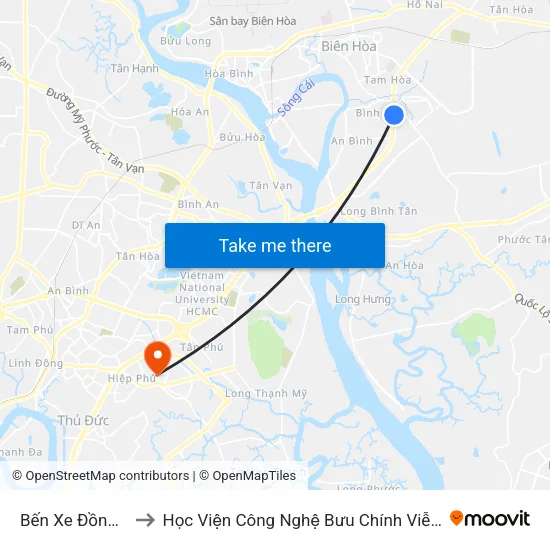 Bến Xe Đồng Nai to Học Viện Công Nghệ Bưu Chính Viễn Thông map