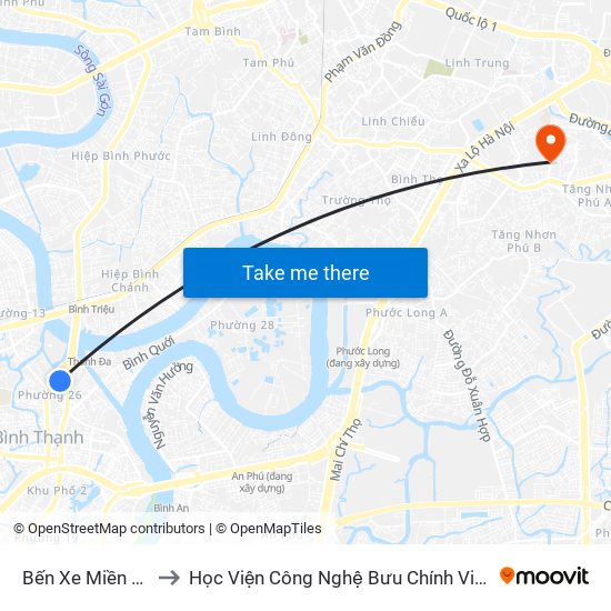 Bến Xe Miền Đông to Học Viện Công Nghệ Bưu Chính Viễn Thông map