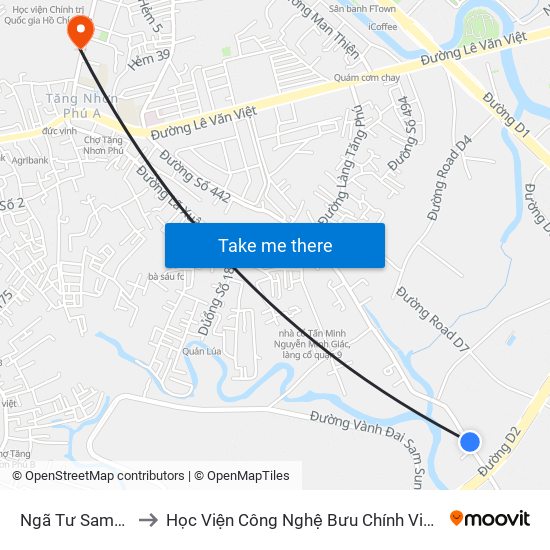 Ngã Tư Samsung to Học Viện Công Nghệ Bưu Chính Viễn Thông map