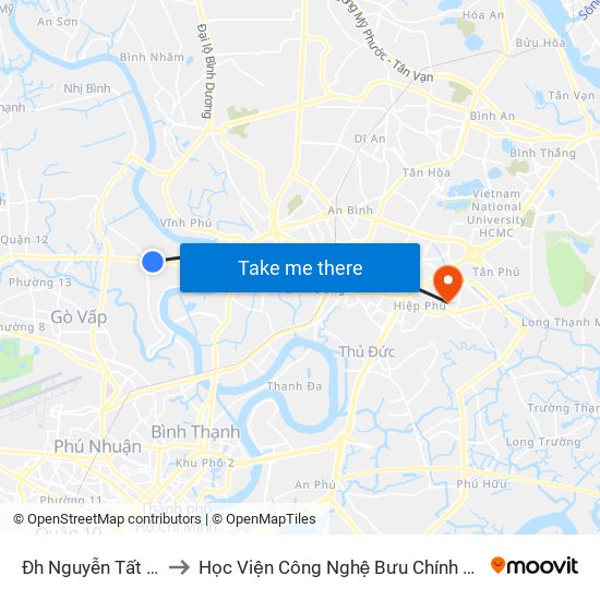 Đh Nguyễn Tất Thành to Học Viện Công Nghệ Bưu Chính Viễn Thông map