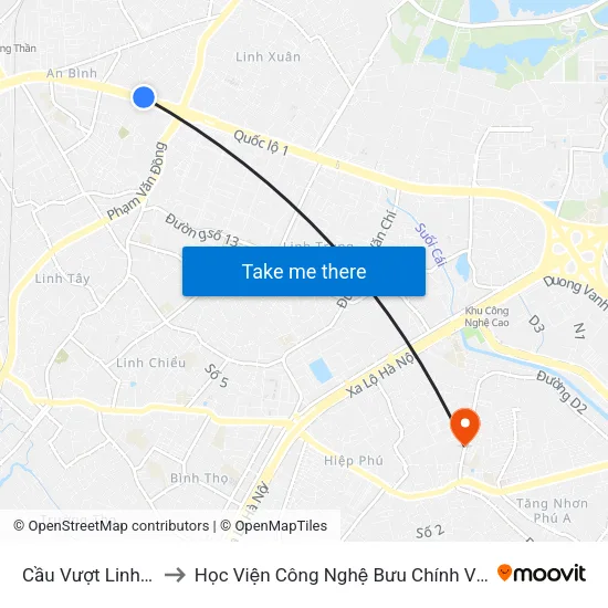 Cầu Vượt Linh Xuân to Học Viện Công Nghệ Bưu Chính Viễn Thông map