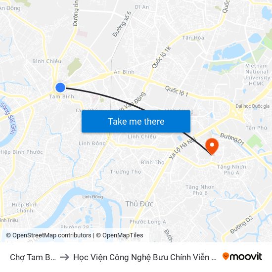 Chợ Tam Bình to Học Viện Công Nghệ Bưu Chính Viễn Thông map