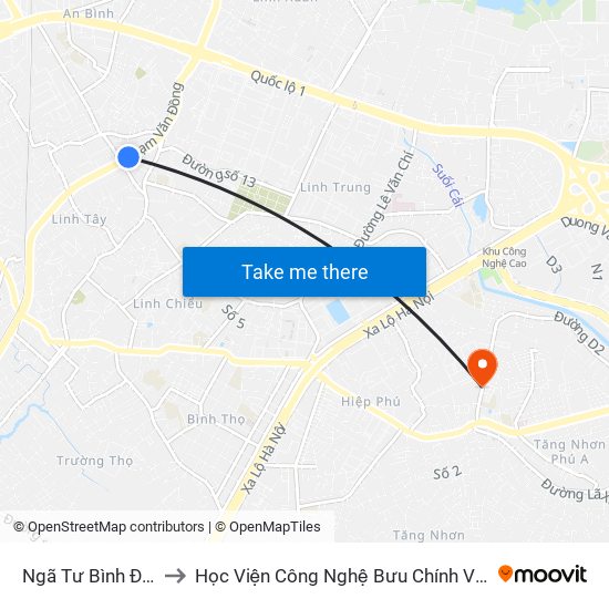 Ngã Tư Bình Đường to Học Viện Công Nghệ Bưu Chính Viễn Thông map