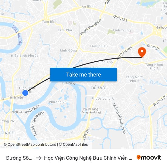 Đường Số 20 to Học Viện Công Nghệ Bưu Chính Viễn Thông map