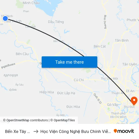 Bến Xe Tây Ninh to Học Viện Công Nghệ Bưu Chính Viễn Thông map