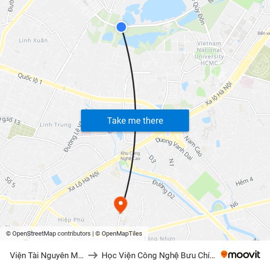 Viện Tài Nguyên Môi Trường to Học Viện Công Nghệ Bưu Chính Viễn Thông map