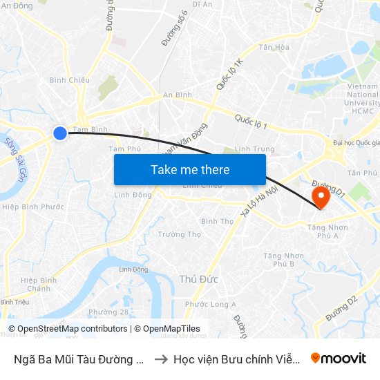 Ngã Ba Mũi Tàu Đường Gò Dưa to Học viện Bưu chính Viễn thông map