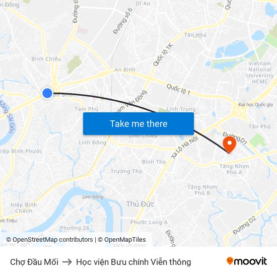 Chợ Đầu Mối to Học viện Bưu chính Viễn thông map