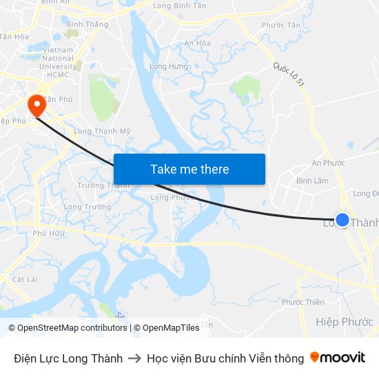 Điện Lực Long Thành to Học viện Bưu chính Viễn thông map