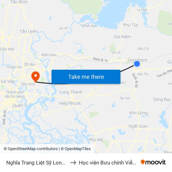 Nghĩa Trang Liệt Sỹ Long Khánh to Học viện Bưu chính Viễn thông map