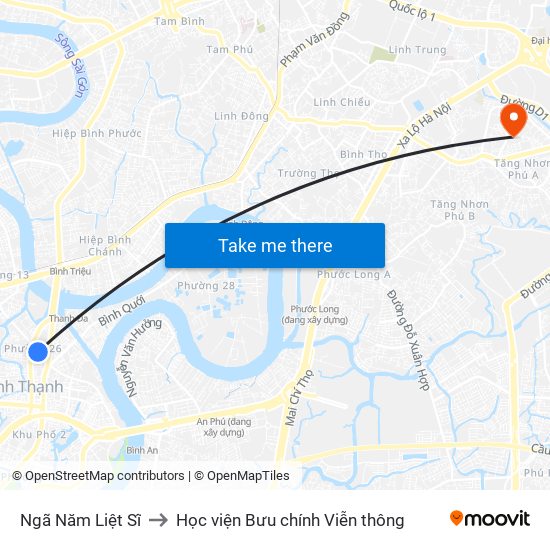 Ngã Năm Liệt Sĩ to Học viện Bưu chính Viễn thông map