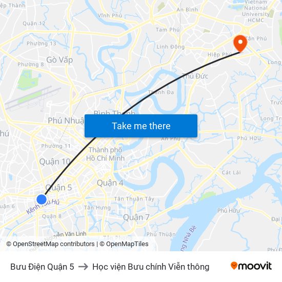 Bưu Điện Quận 5 to Học viện Bưu chính Viễn thông map