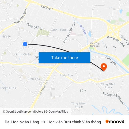 Đại Học Ngân Hàng to Học viện Bưu chính Viễn thông map