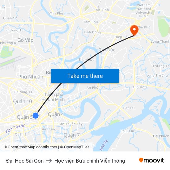 Đại Học Sài Gòn to Học viện Bưu chính Viễn thông map