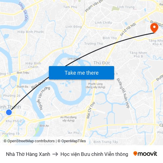 Nhà Thờ Hàng Xanh to Học viện Bưu chính Viễn thông map