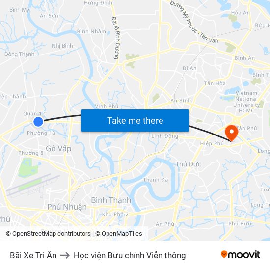 Bãi Xe Tri Ân to Học viện Bưu chính Viễn thông map