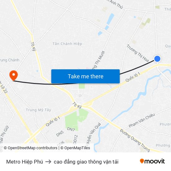 Metro Hiệp Phú to cao đẳng giao thông vận tải map