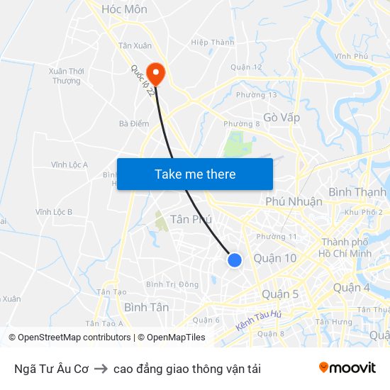 Ngã Tư Âu Cơ to cao đẳng giao thông vận tải map