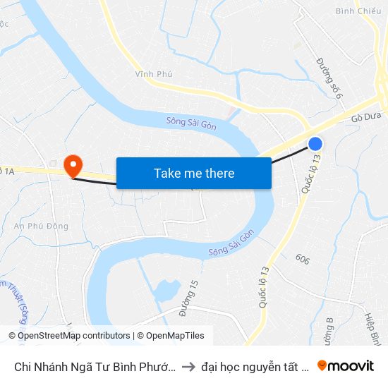 Chi Nhánh Ngã Tư Bình Phước (Xe Thành Công) to đại học nguyễn tất thành cơ sở 4 map