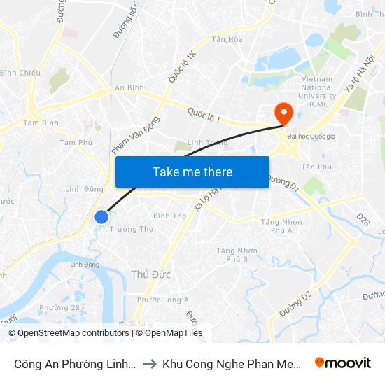 Công An Phường Linh Đông to Khu Cong Nghe Phan Mem Dhqg map