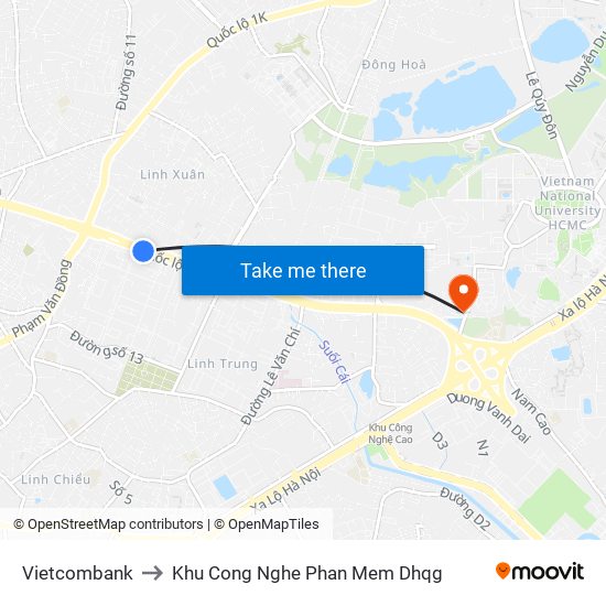 Vietcombank to Khu Cong Nghe Phan Mem Dhqg map