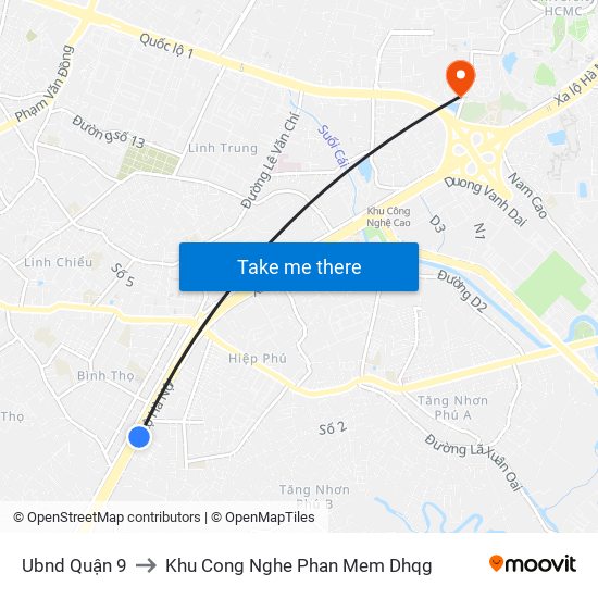 Ubnd Quận 9 to Khu Cong Nghe Phan Mem Dhqg map