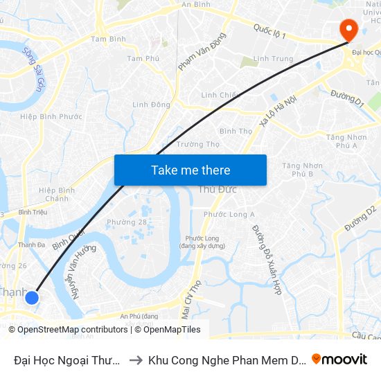 Đại Học Ngoại Thương to Khu Cong Nghe Phan Mem Dhqg map