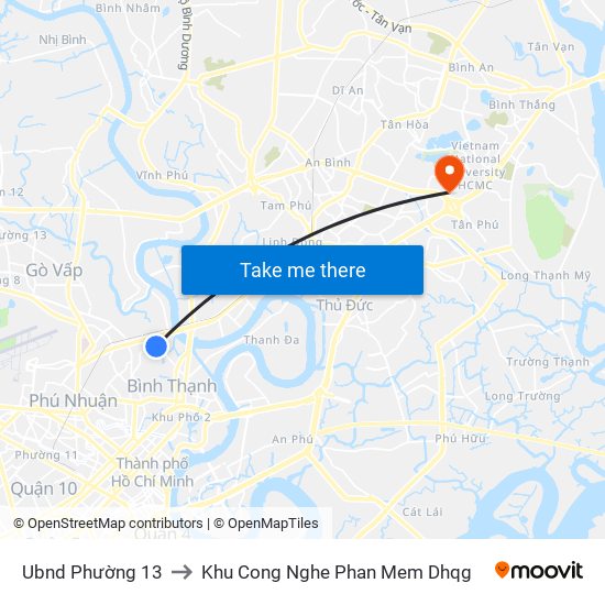 Ubnd Phường 13 to Khu Cong Nghe Phan Mem Dhqg map
