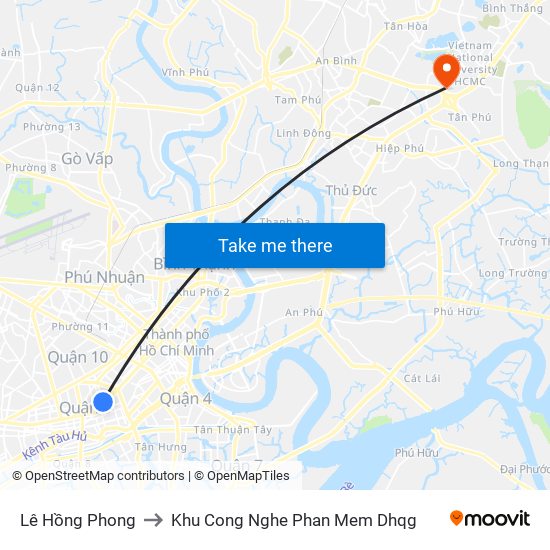 Lê Hồng Phong to Khu Cong Nghe Phan Mem Dhqg map