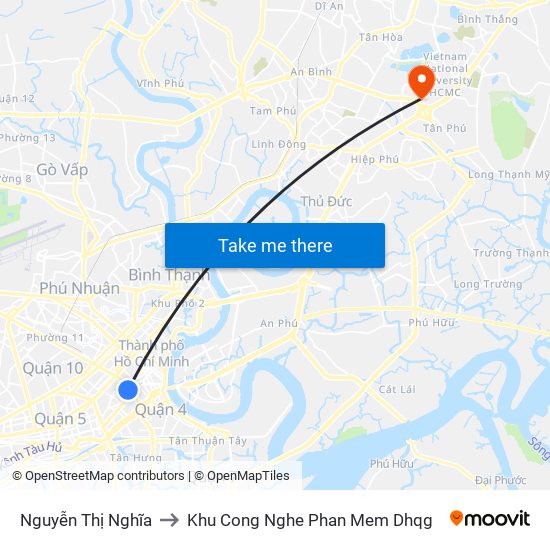 Nguyễn Thị Nghĩa to Khu Cong Nghe Phan Mem Dhqg map