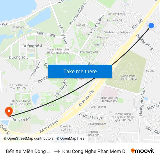 Bến Xe Miền Đông Mới to Khu Cong Nghe Phan Mem Dhqg map