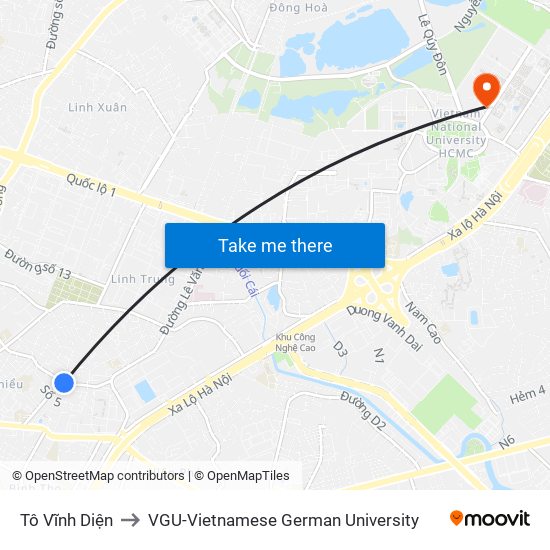 Tô Vĩnh Diện to VGU-Vietnamese German University map