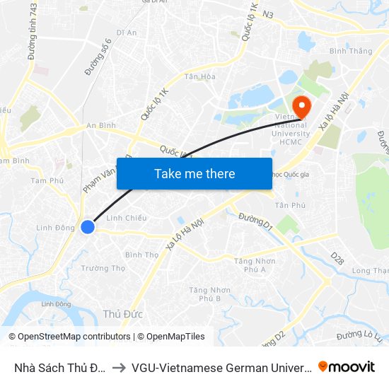 Nhà Sách Thủ Đức to VGU-Vietnamese German University map