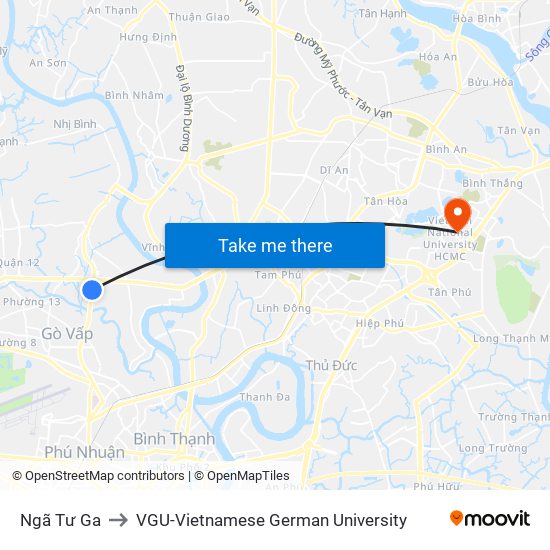 Ngã Tư Ga to VGU-Vietnamese German University map