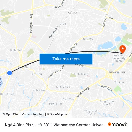 Ngã 4 Bình Phước to VGU-Vietnamese German University map