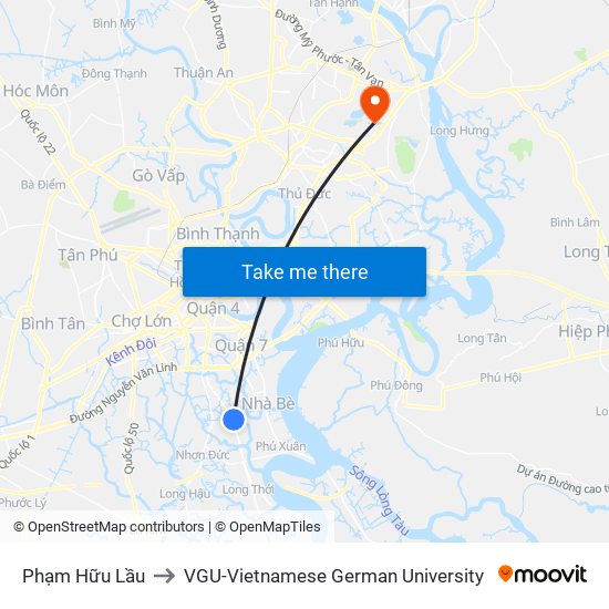 Phạm Hữu Lầu to VGU-Vietnamese German University map