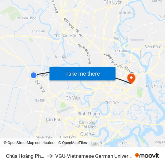 Chùa Hoàng Pháp to VGU-Vietnamese German University map
