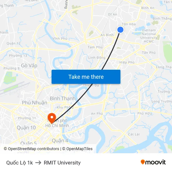 Quốc Lộ 1k to RMIT University map