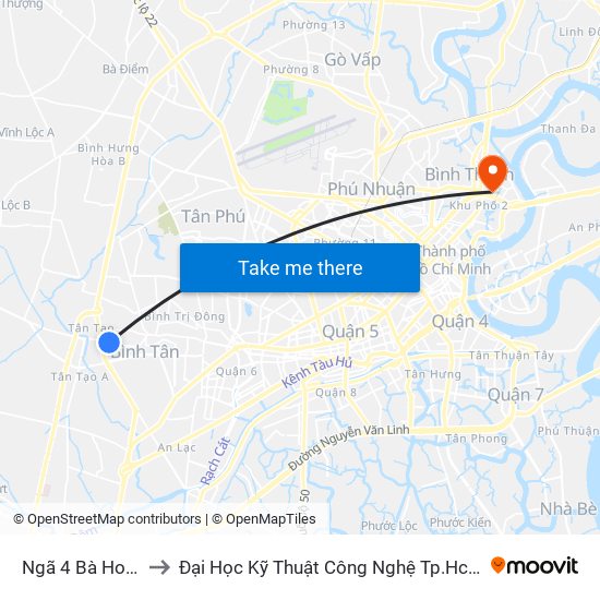 Ngã 4 Bà Hom to Đại Học Kỹ Thuật Công Nghệ Tp.Hcm map