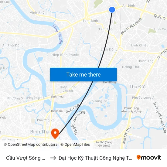 Cầu Vượt Sóng Thần to Đại Học Kỹ Thuật Công Nghệ Tp.Hcm map
